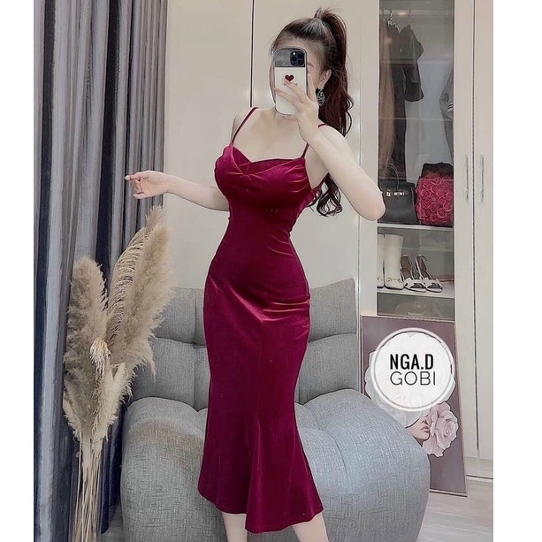 Váy đầm nữ dự tiệc 2 dây ôm body chất liệu nhung tuyết cao cấp ( có mút ) tuyệt đẹp thiết kế tinh tế sang trọng THIA