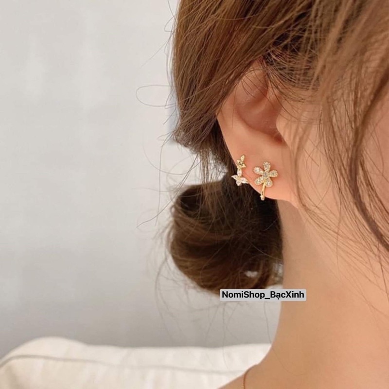 Bông tai nữ bạc ta dáng kẹp vành siêu xinh, đính đá hài hoà tinh tếMainomi Shop Bạc Xinh