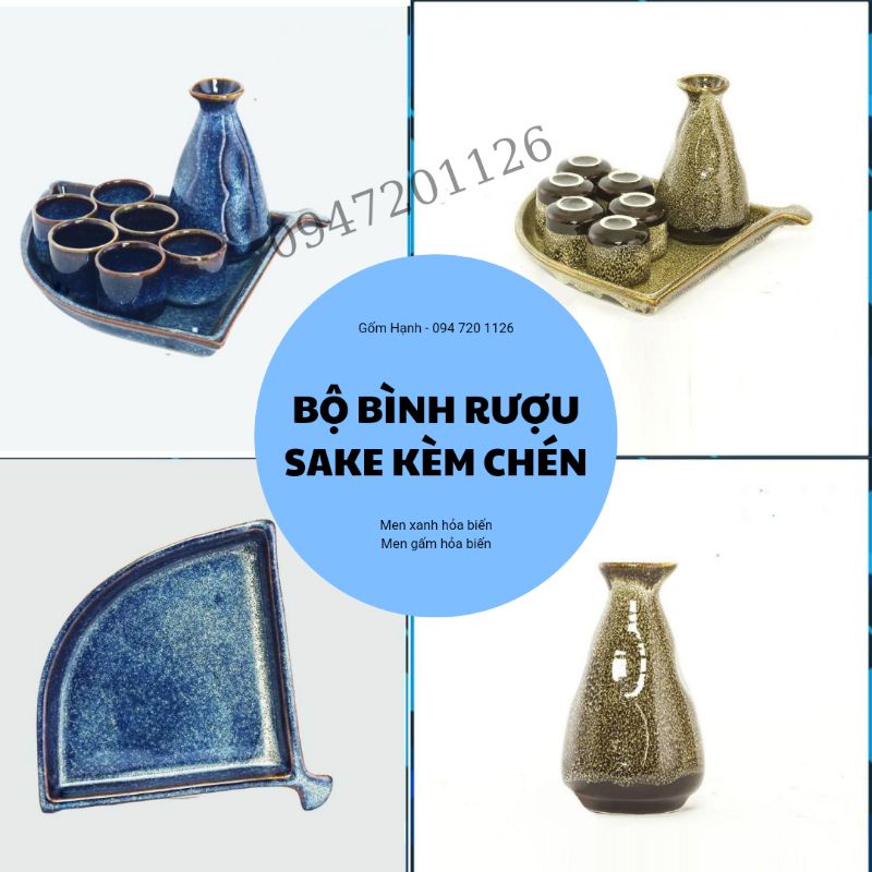 Bộ Bình Rượu Sake kèm Chén - Men Xanh Hoả Biến - Bộ Bình Đựng Rượu Sake Cao Cấp - Gốm Sứ Bát tràng