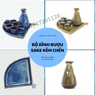 Bộ Bình Rượu Sake kèm Chén - Men Xanh Hoả Biến - Bộ Bình Đựng Rượu Sake Cao Cấp - Gốm Sứ Bát tràng