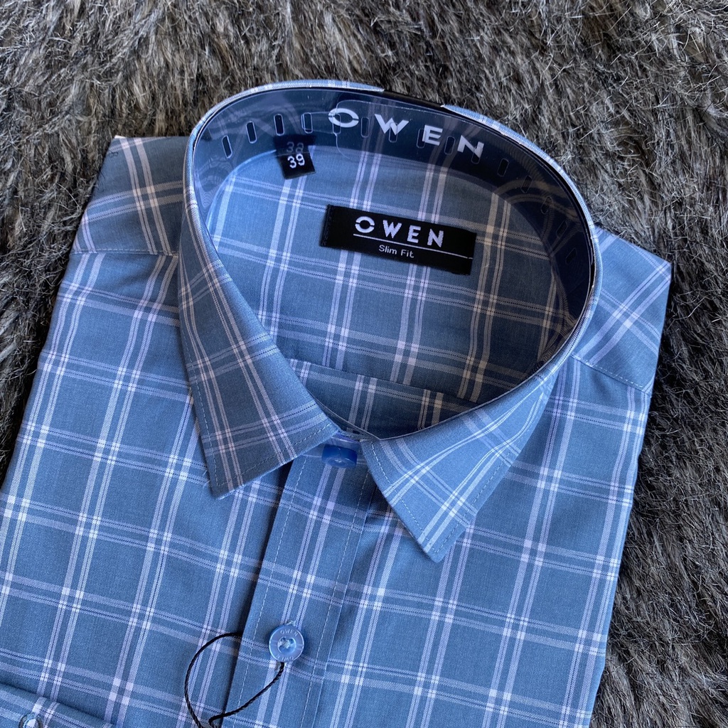 OWEN - Áo sơ mi dài tay Owen Slimfit chất sợi tre kẻ ca rô xanh  220951