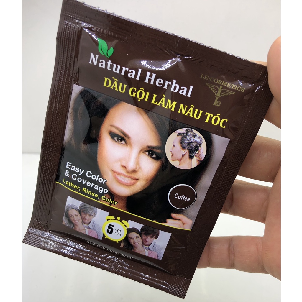 Gội là nâu Natural Herbal Le-Cosmetics - Dầu gội phủ bạc - Dầu gội nhuộm tóc đen -Hộp 10 gói&quot;