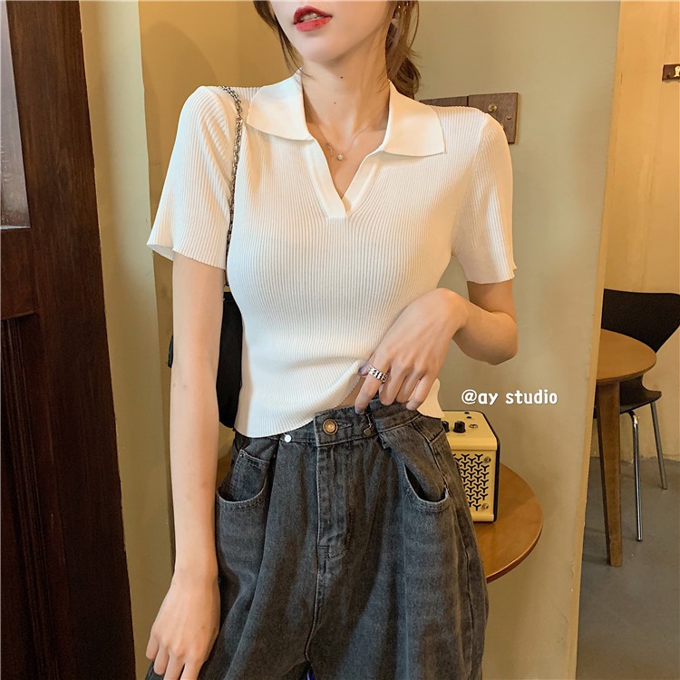 (ORDER) Áo len tăm dệt kim cộc tay cổ bẻ POLO ôm dáng thon gọn sang chảnh Hàn Quốc | BigBuy360 - bigbuy360.vn