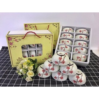 Bộ bát cơm men kem vẽ hoa đào đỏ