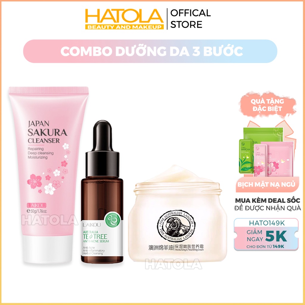 Combo chăm sóc da 3 bước giảm mụn Laikou sữa rửa mặt kem dưỡng serum ngừa mụn giúp da chắc khỏe mịn màng tự nhiên Hatola
