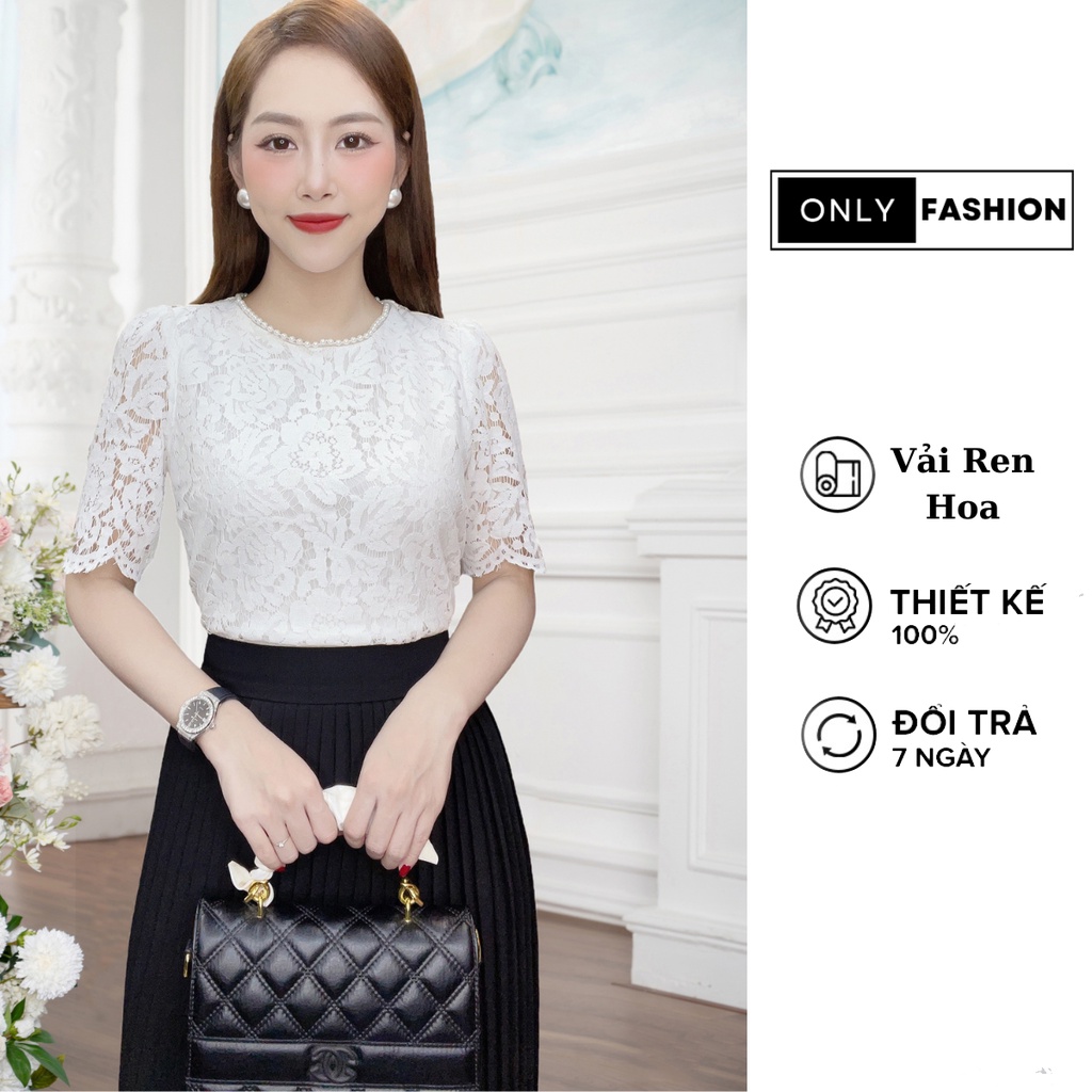 áo ren nữ tiểu thư công sở nữ cổ tròn đính viền ngọc, áo sơ mi ren hoa quý phái sang chảnh