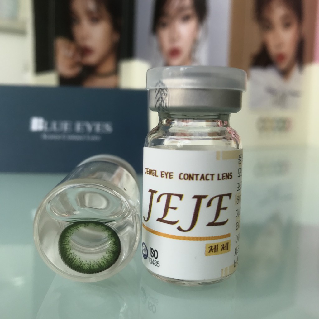 Lens thời trang Hàn Quốc JEJE GREEN, màu xanh lá trẻ trung, không độ cận, hsd 6 tháng, giãn tròng 14.0.