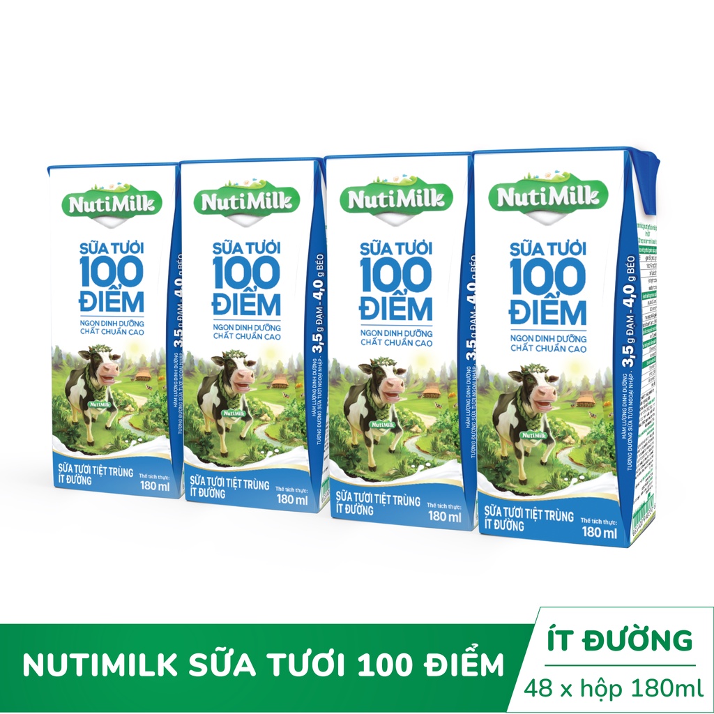 Thùng 48 hộp NutiMilk ST 100 điểm - ST tiệt trùng Ít Đường Hộp 180 ml/hộp