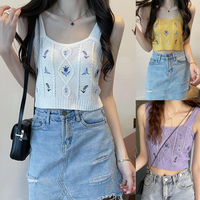 Xiangbao Áo Crop Top Dệt Kim Thêu Hoa Phong Cách Boho Mùa Hè Cổ Điển Cho Nữ Swi
