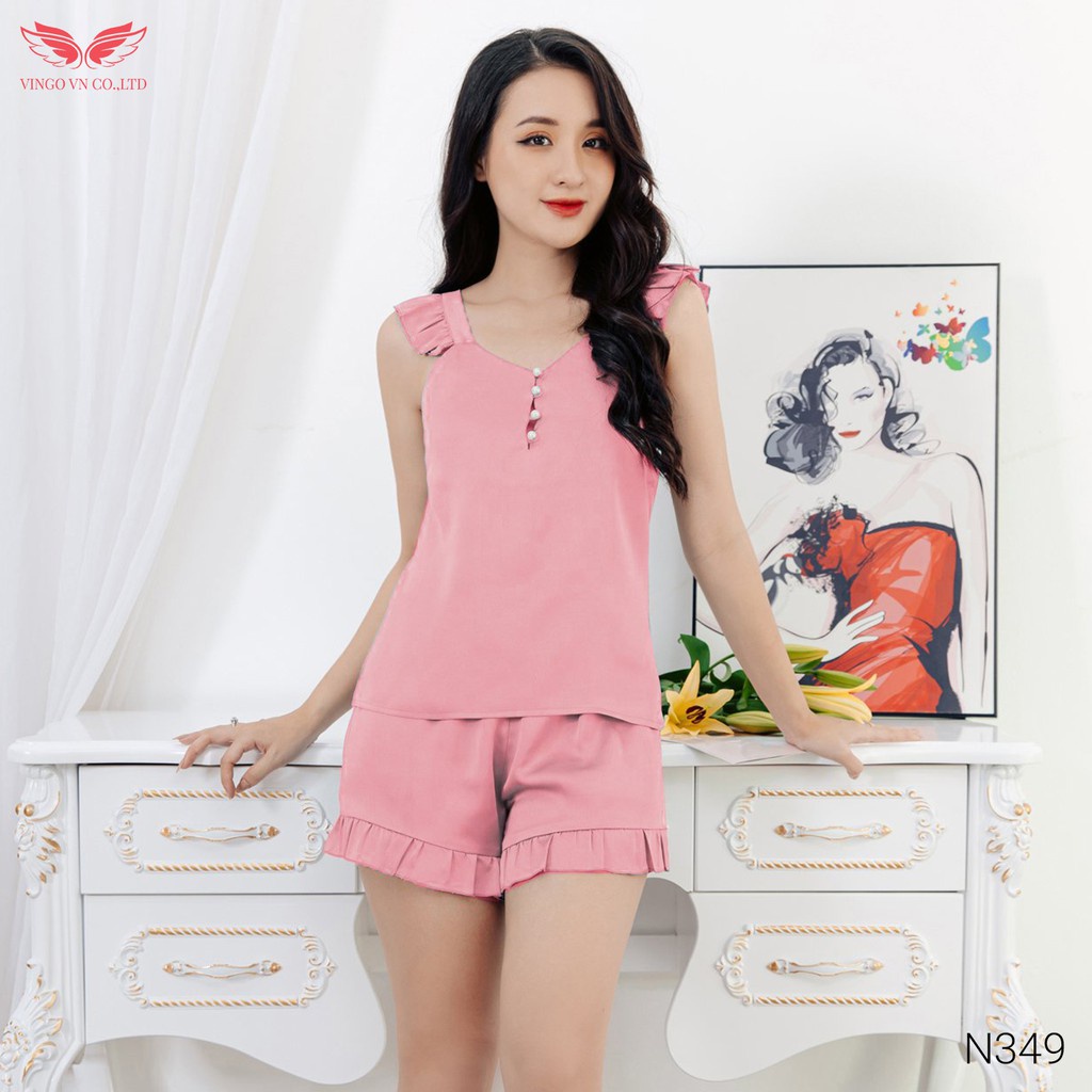 Bộ Đồ Ngủ Nữ Pyjama VINGO Chất Lụa Hàn Trơn Cao Cấp Tay Cánh Tiên Quần Cộc Cổ Phối Cúc Ngọc Thanh Lịch N349 VNGO | WebRaoVat - webraovat.net.vn