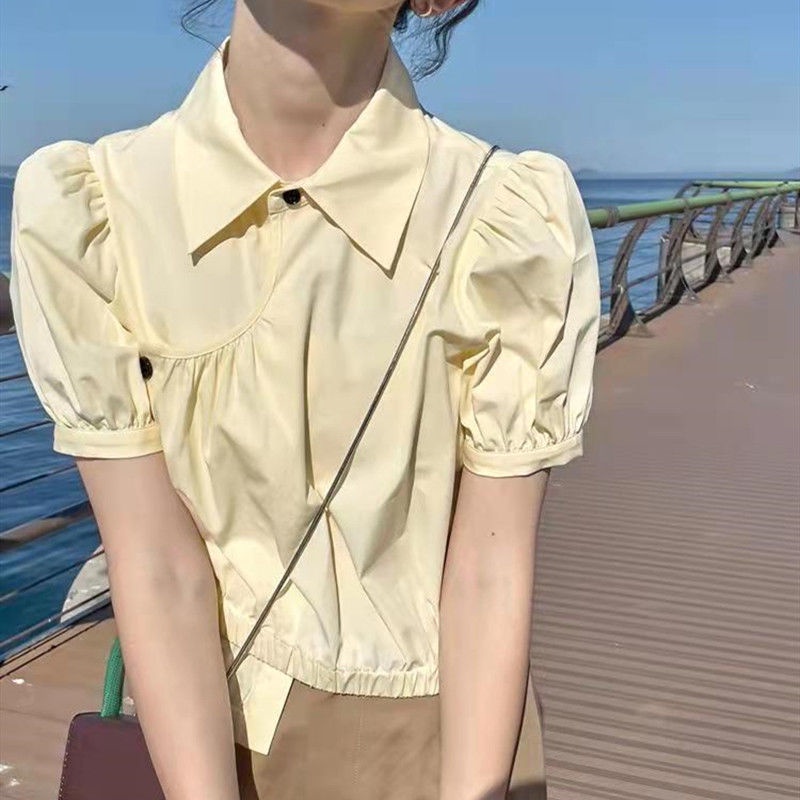 Áo Sơ Mi Tay Ngắn Phồng Thiết Kế Bất Đối Xứng Phong Cách Hàn Quốc Ngọt Ngào Cho Nữ