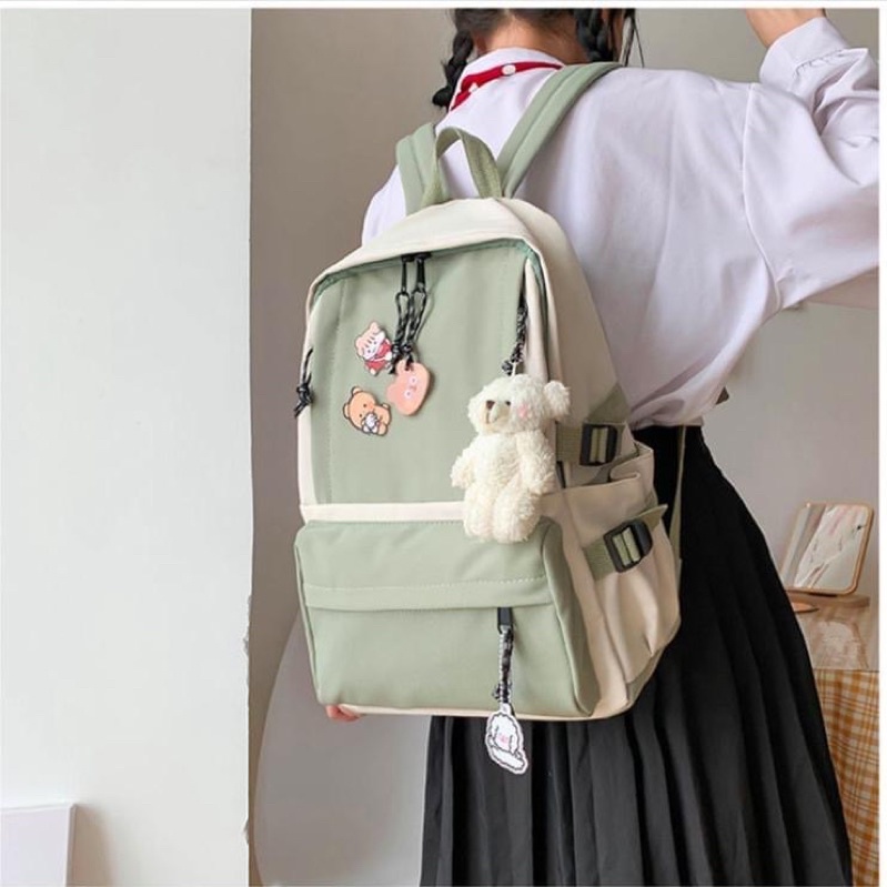 Balo trơn Sticker móc gấu