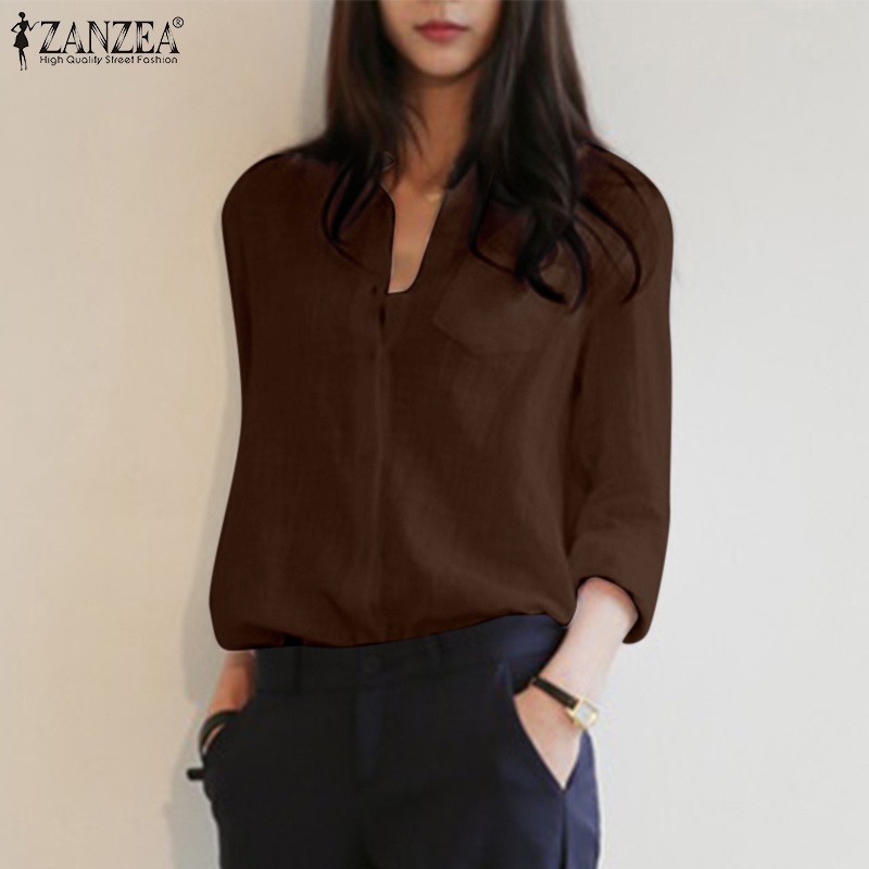 Áo sơ mi Zanzea tay dài cổ tròn màu trơn thời trang dành cho nữ