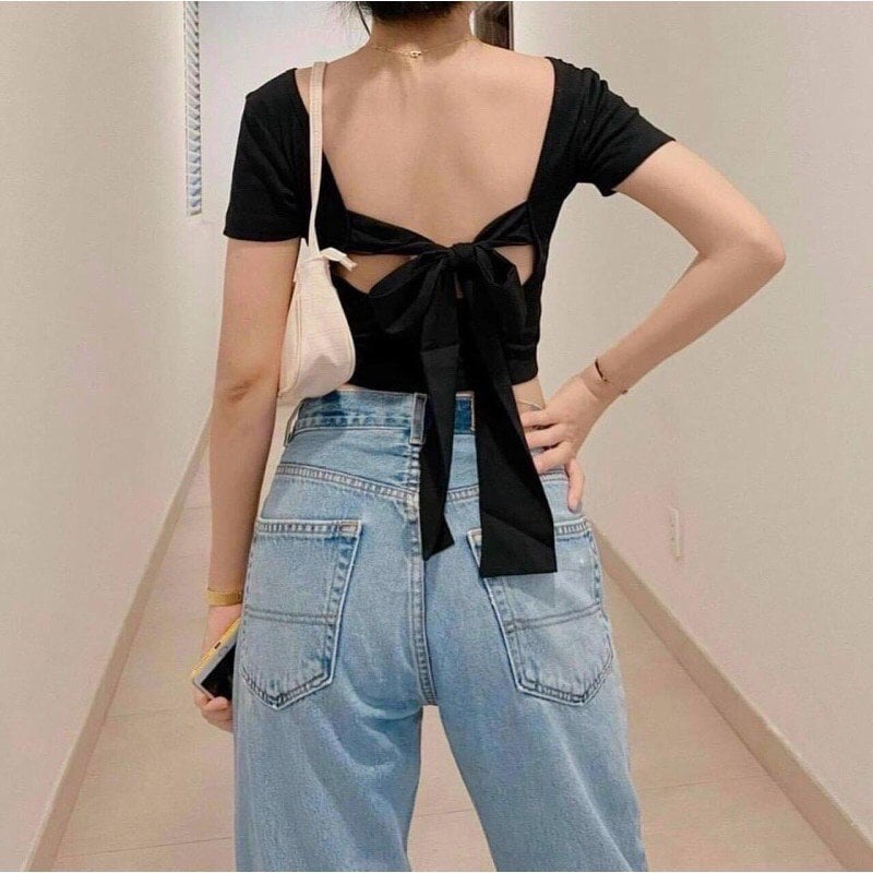 Áo Croptop Cổ Vuông Phối Nơ Lưng PEONYB Nữ [FREESHIP] 🌸 Thun kiểu body dáng ôm cộc tay bánh bèo tiểu thư Ulzzang 🌸 | BigBuy360 - bigbuy360.vn