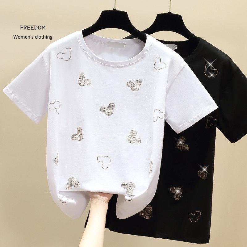 freedom  2021 Pure Cotton Heavy Industry Hot Rhinestone Áo thun ngắn tay Nữ mùa hè phong cách mới sơ mi trắng nửa trên d