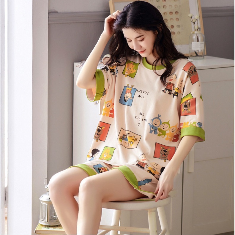 Set Bộ Pijama Ngủ Nữ Hàn Quốc Cộc Tay Họa Tiết 3D Dáng Rộng Nhiều Màu Siêu Xinh
