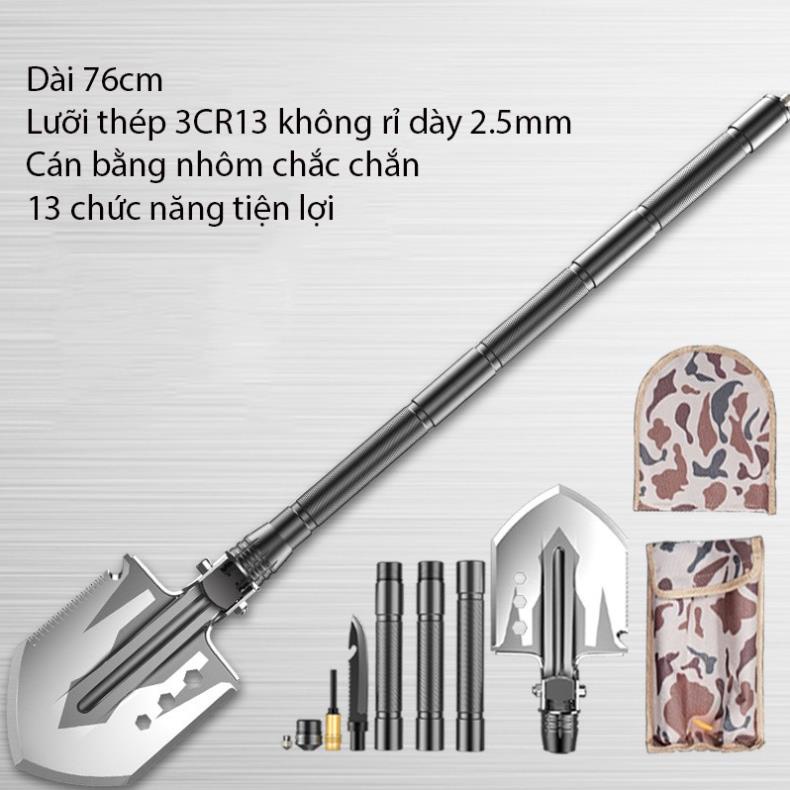 Xẻng cuốc đa năng đi phượt, dã ngoại, làm vườn, gấp gọn gàng, 13 chức năng tiện lợi