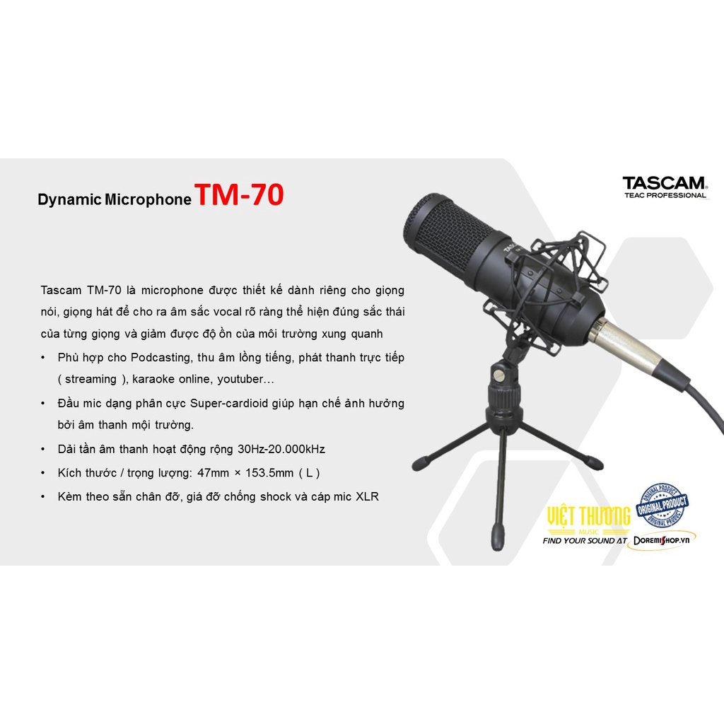 Micro thu âm dynamic microphone TASCAM TM-70 dành cho podcast, streaming, youtuber