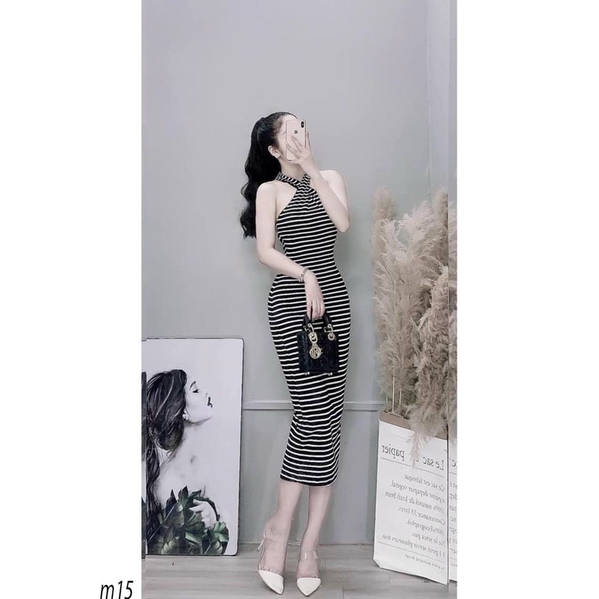 Đầm body cổ chéo chất thun gân co dãn mặc siêu tôn dáng