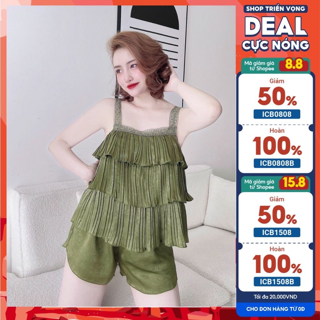 Đồ Bộ Nữ Mặc Nhà Quần Short + Áo 2 Dây Tầng Dập Ly Phối Ren Lụa Nhung Ánh Kim_Ngân Boutique Đồ Ngủ Pijama