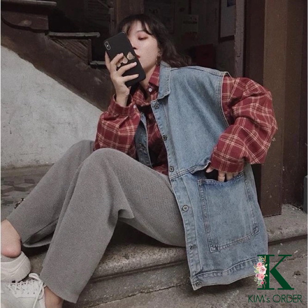 Áo khoác jean nữ màu xanh sát nách phom rộng phong cách retro sành điệu cá tính năng động Ulzzang Hàn Quốc chất đẹp