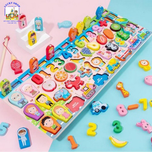 Bộ Câu cá Bảng Số Thông minh 5in1 gồm 63 chi tiết - Đồ chơi gỗ Montessori - Hàng cao cấp dành cho bé từ 1 - 3 tuổi