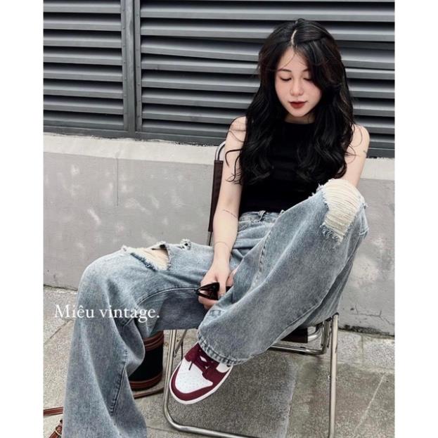 quần jean suông rách gối 3 rạch màu xanh nhạt cho nữ