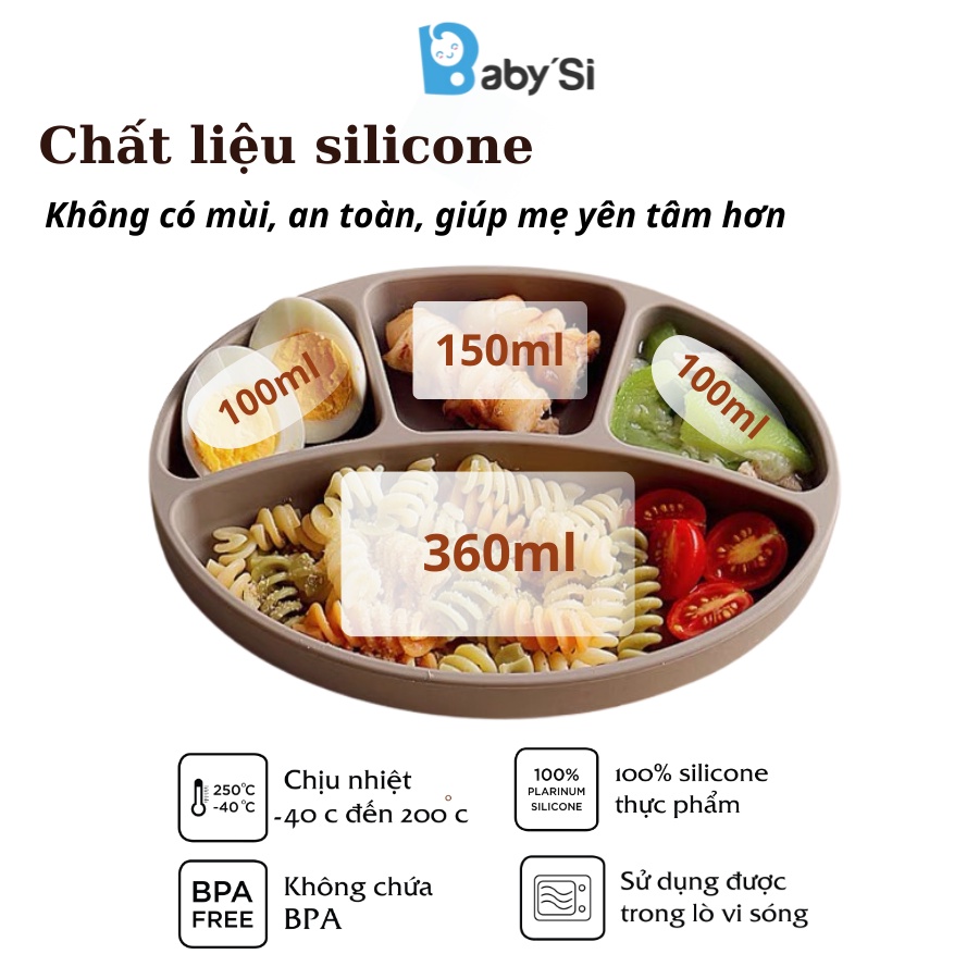 KHAY ĂN DẶM SILICONE, KHAY SILICONE 4 NGĂN BABYSI CHO BÉ ĂN DẶM
