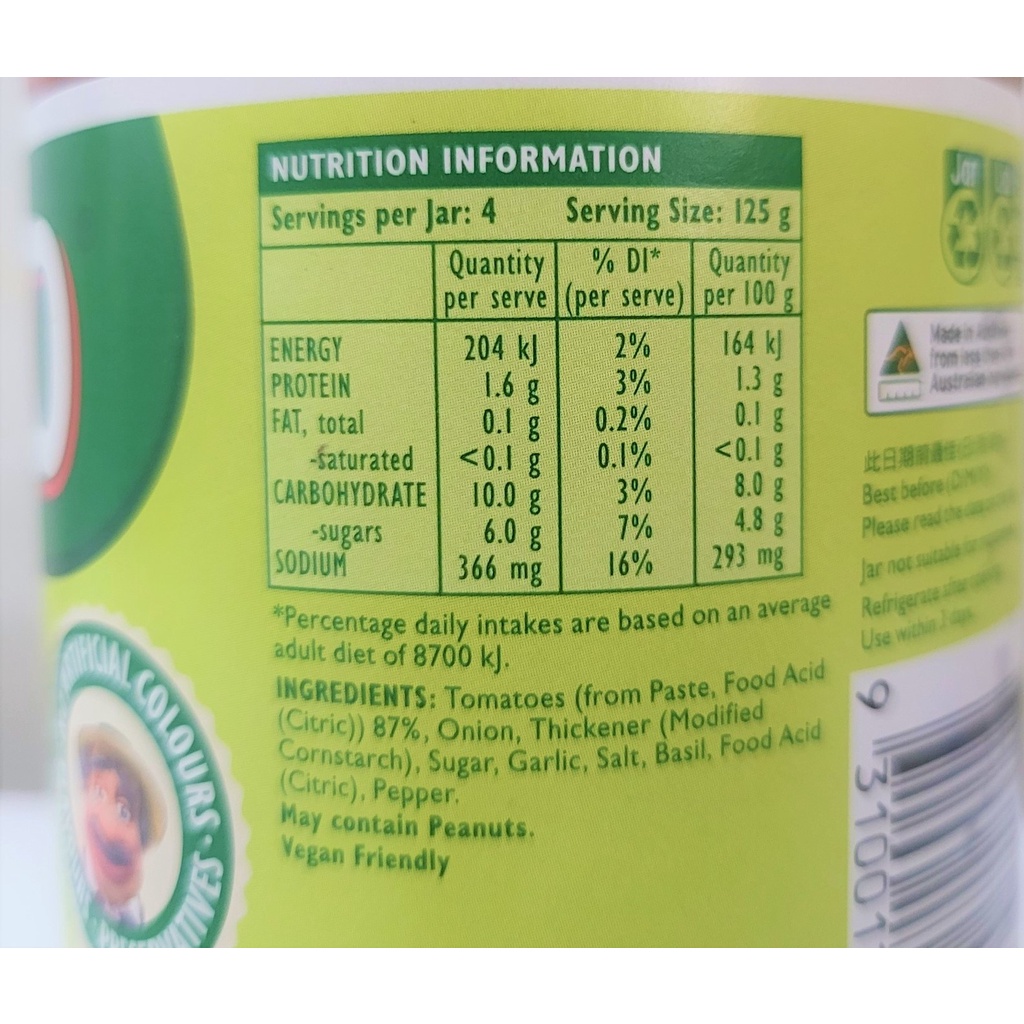 [Lọ 500g] XỐT MÌ Ý CÀ CHUA TRUYỀN THỐNG [Australia] DOLMIO Classic Tomato Pasta Sauce