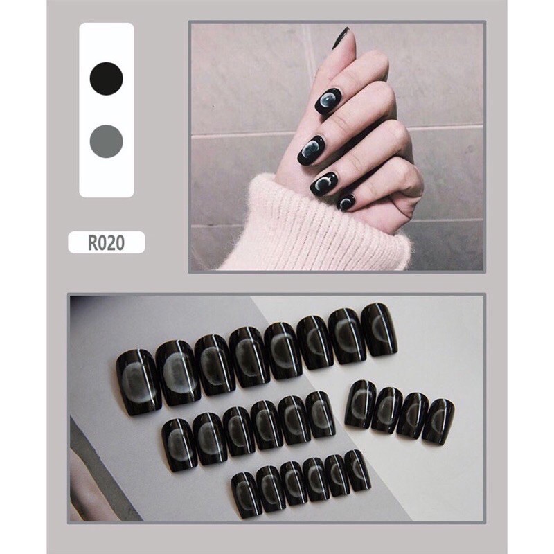 [TẶNG KEO DÁN] Móng giả kèm keo dán màu đen cá tính set 24 móng (R020)