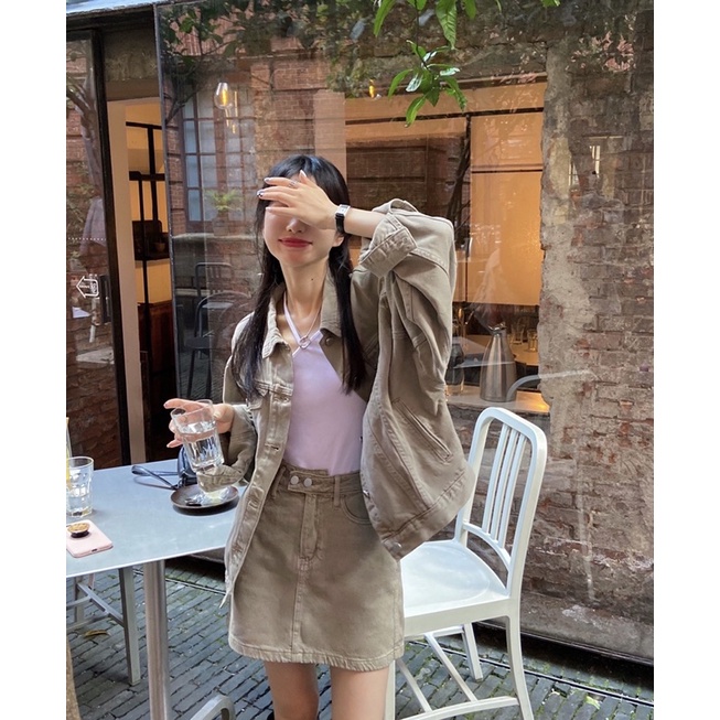 Set jeans áo dài tay chân váy ngắn màu xám be