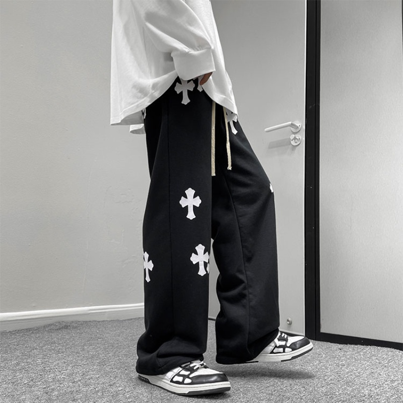 ♞AFF LIGA♞ Quần dài lưng thun dáng rộng thêu họa tiết chữ thập phong cách đường phố cá tính cho nam