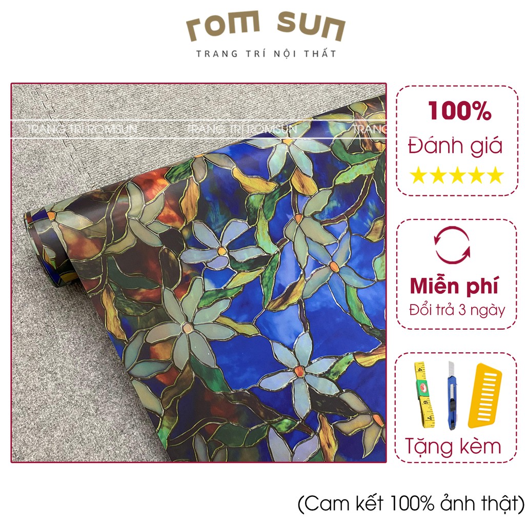 Giấy dán kính che mờ 3D chống nắng khổ 90cm hoa lá xanh dương