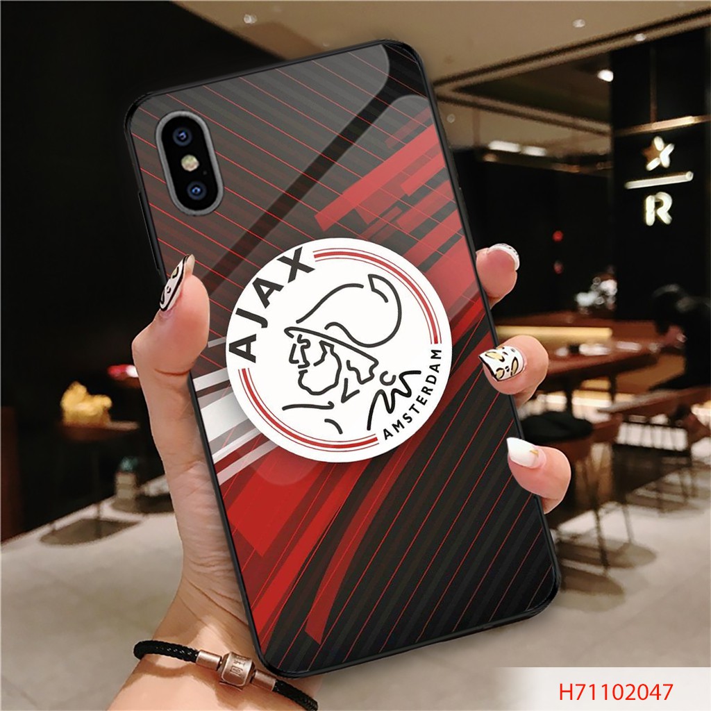 ỐP LƯNG TRÁNG GƯƠNG KÍNH CƯỜNG LỰC IPHONE, SAMSUNG LOGO CLB BÓNG ĐÁ Ajax NỀN ĐỎ ĐEN TRẮNG