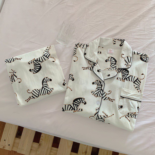 Bộ ngủ pijama dài tay thu đông ngựa vằn vải cotton