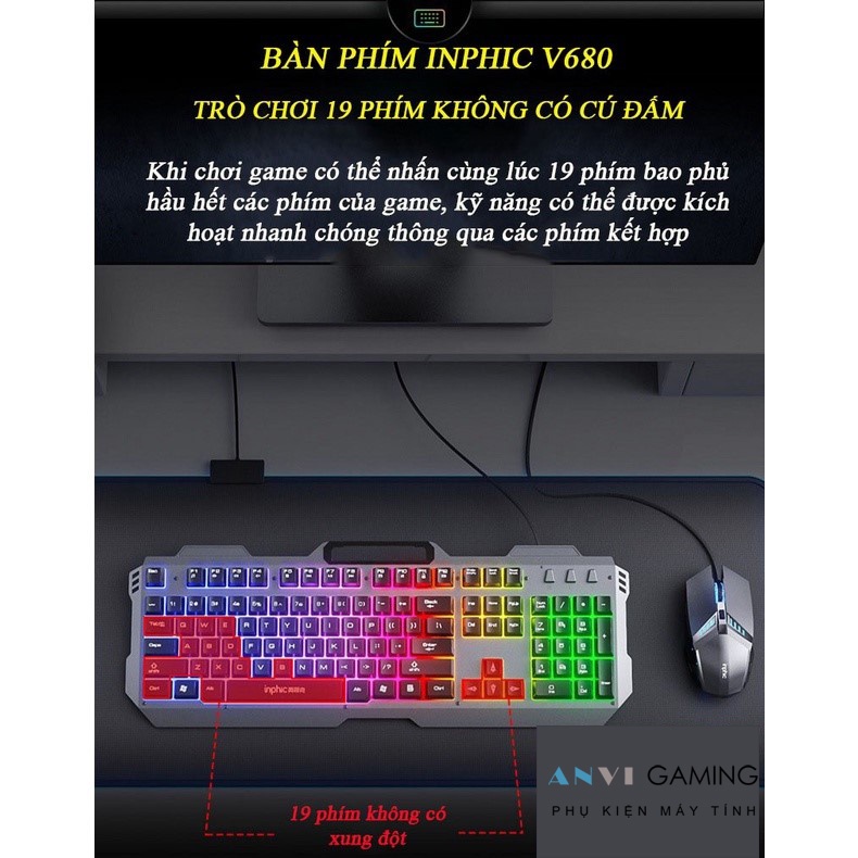 Bàn Phím Cơ Kim Loại INPHIC V680 Có Dây - Đèn LED Siêu Đẹp RGB Hỗ Trợ 4000DPI Chơi Game Chuyên Nghiệp - Chính Hãng