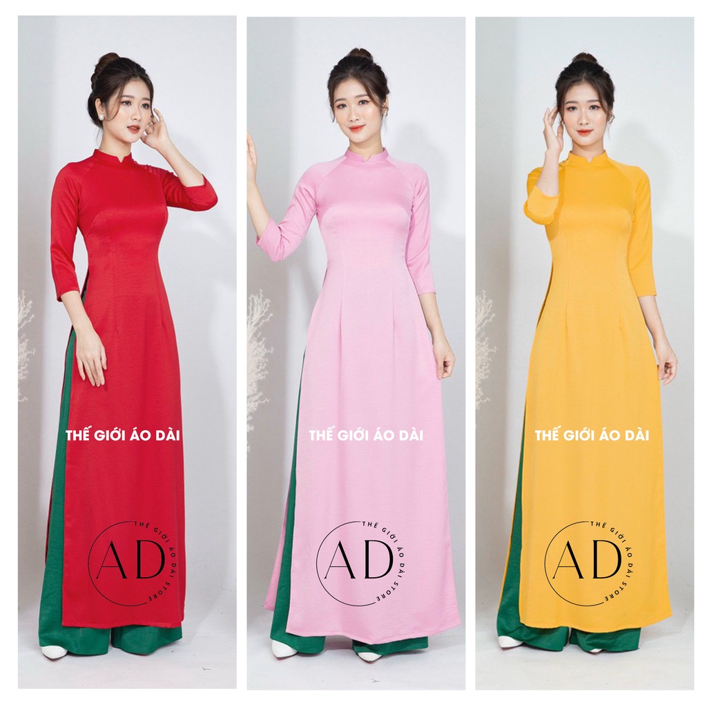 Áo dài màu trơn 2 tà truyền thống vải tây thi may sẵn ôm eo cổ cao 2cm mặc lễ tết đám cưới hỏi bốn mùa đẹp