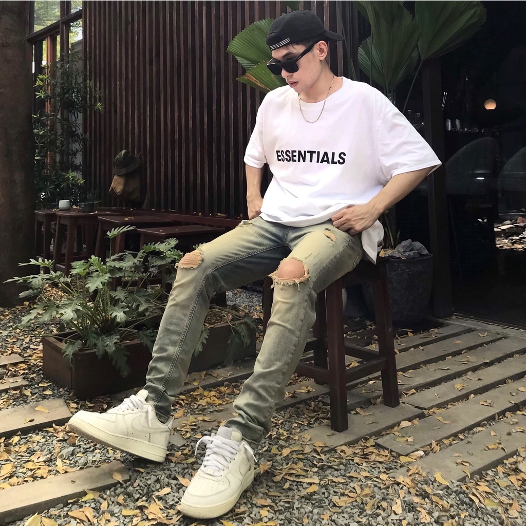 Quần jean nam cao cấp streetwear KQ29 màu xanh wash vàng rách gối form slimfit chất jean co giãn, thoải mái.