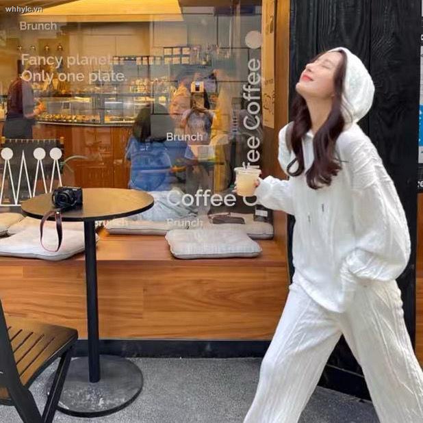 Honypove Set áo hoodie tay dài có mũ trùm đầu + quần ống rộng thời trang cho nữ