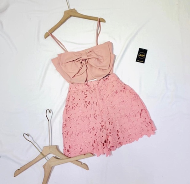Set Áo Hai Dây Nơ Và Quần Short Ren Hồng Siêu Xinh, Set Bộ Hai Dây Nơ Hồng Cao Cấp