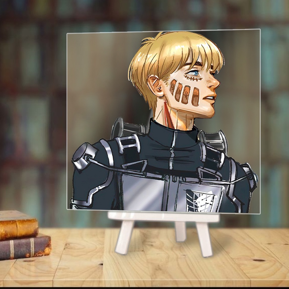 Tranh kính ATTACK ON TITAN in hình Đại Chiến Titan anime chibi acrylic mica trong trưng bày trang trí góc học tập giá gỗ