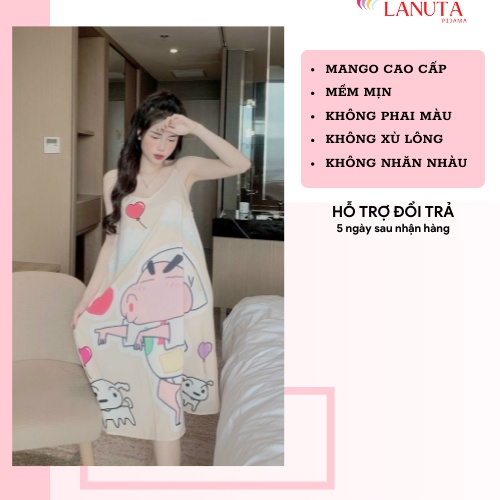 Đầm ngủ 2 dây váy mặc nhà dáng dài thiết kế in 5D sang chảnh kute dễ thương chất lụa xước mềm nhẹ mát phom 45-60 kg