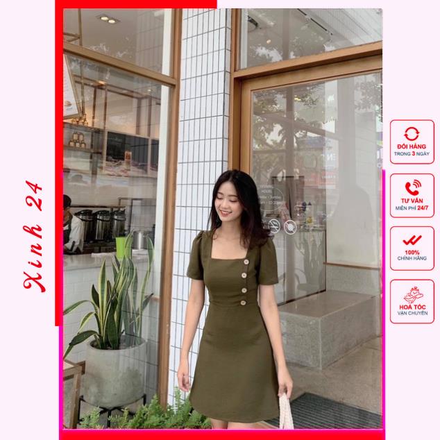 Đầm Nữ Cổ Vuông , Váy Cổ vuông Phối Nút Trẻ Trung đáng yêu | BigBuy360 - bigbuy360.vn