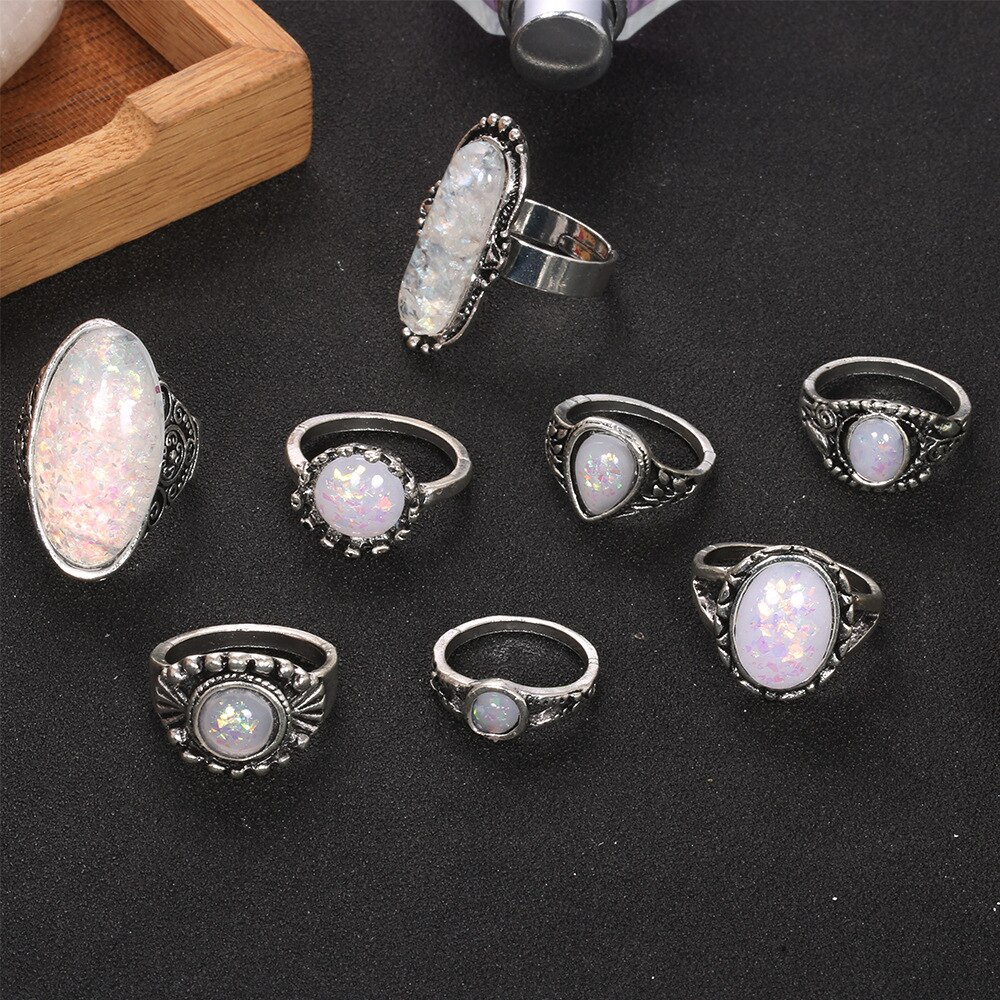 Bộ 8 Nhẫn Đính Đá Opal Nhiều Màu Sắc Phong Cách Cổ Điển # 5040