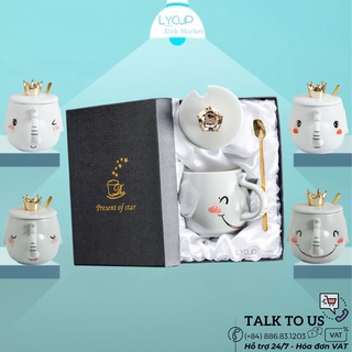 Ly sứ voi vương miện - khắc tên theo yêu cầu ý nghĩa, cốc sứ có nắp thìa, dung tích 350ml, hôp quà tặng in logo, in hình