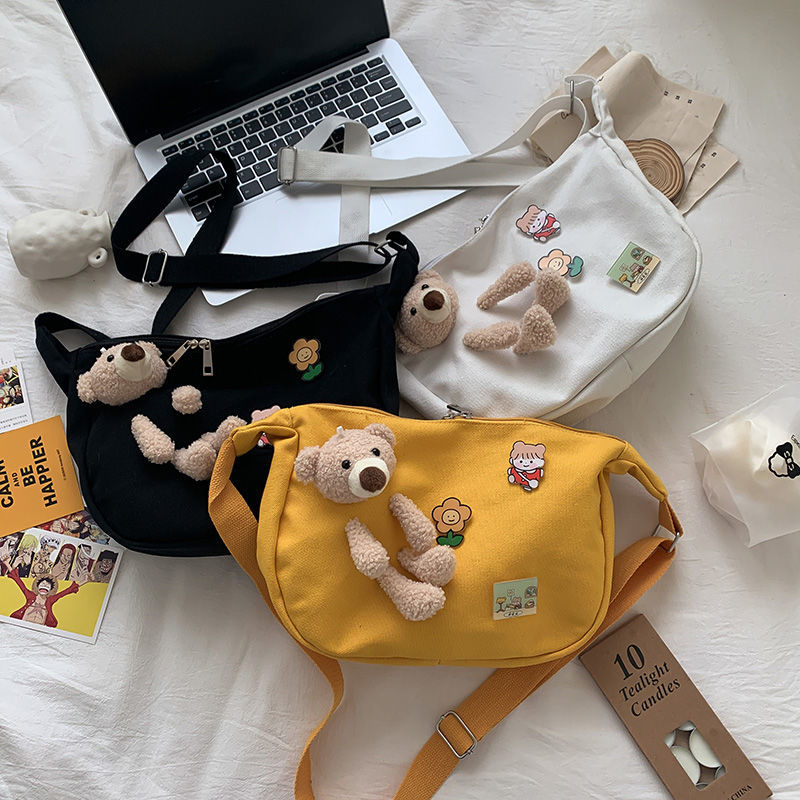 Túi Vải Túi Đeo Chéo Thời Trang Kèm Theo Con Gấu Dễ Thương Cho Nữ