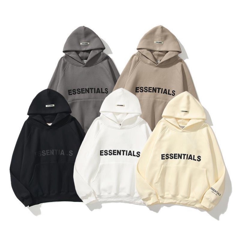 Áo hoodie Unisex chữ ESENTIALS màu đen trắng be xám đậm chất nỉ bông có mũ dài tay phong cách Ulzzang form rộng | BigBuy360 - bigbuy360.vn