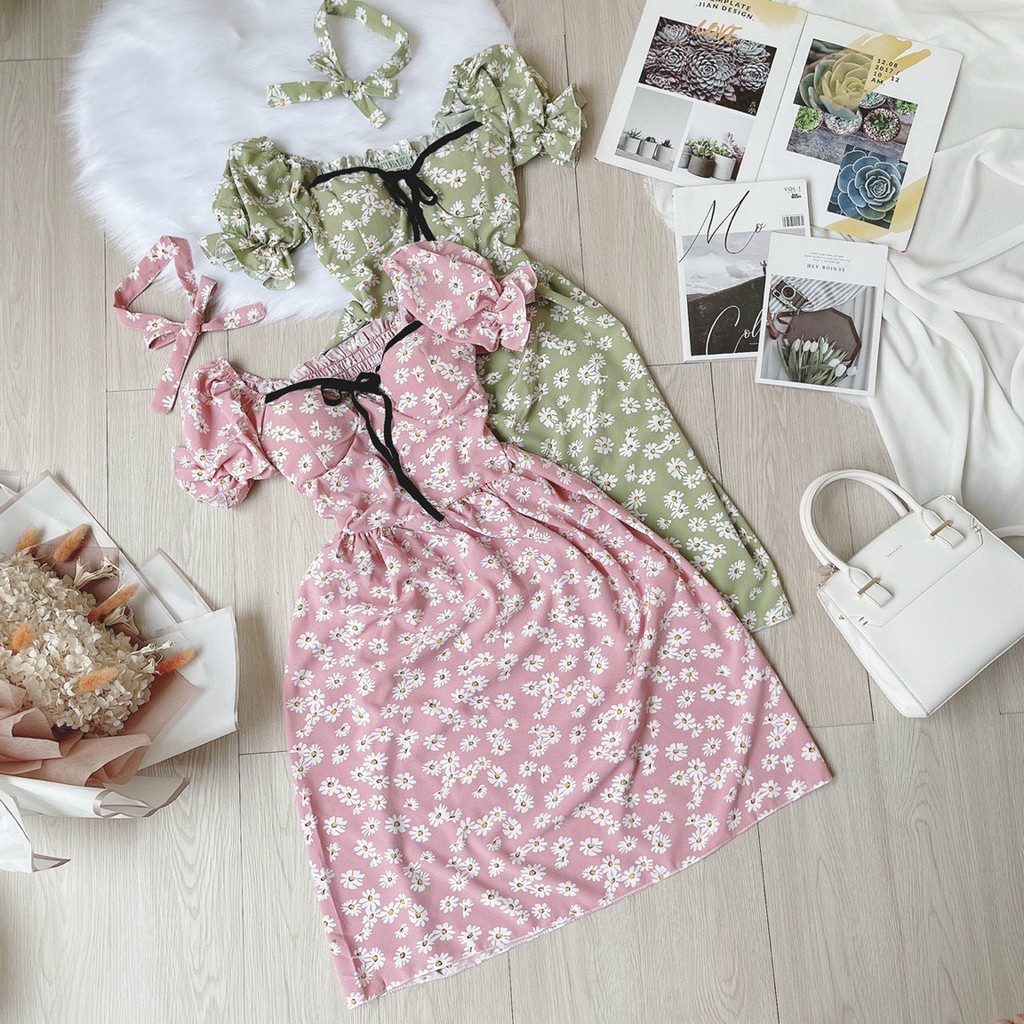 đầm hoa cúc xinh kèm nơ đeo cổ xinh xinh