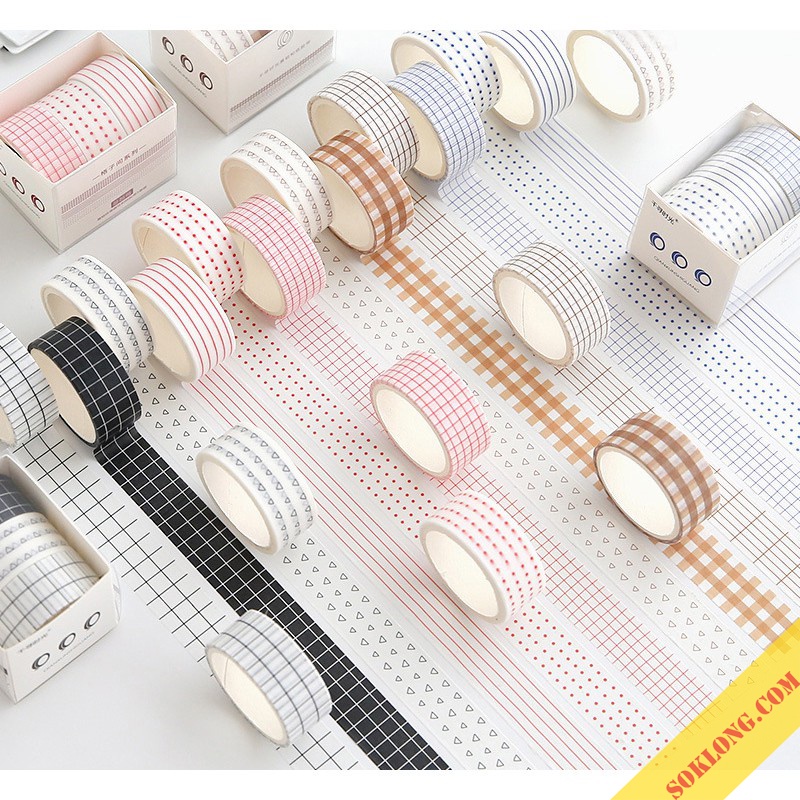 Set washi tape dài 3m họa tiết kẻ, chấm bi - bộ băng dính trang trí sổ Bullet Journal, thiệp