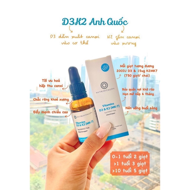 Vitamin D3 &amp; K2 MK7 Anh Nutrivitality UK 30ml giúp phát triển hệ xương,răng và tăng cường hệ miễn dịch (mẫu mới vỏ vàng)